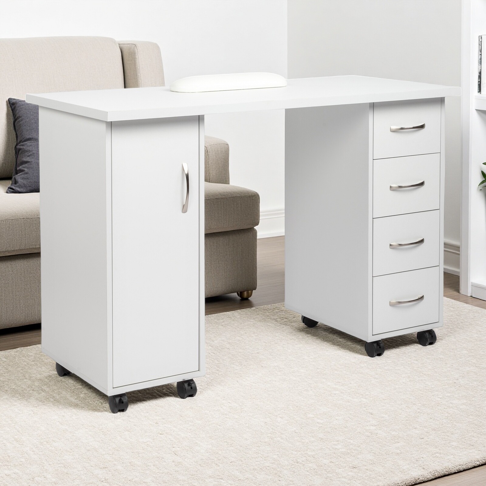 Rolling Computer Desk - White, 4-Drawer, Shelves Storage & MDF ​Nail Table​