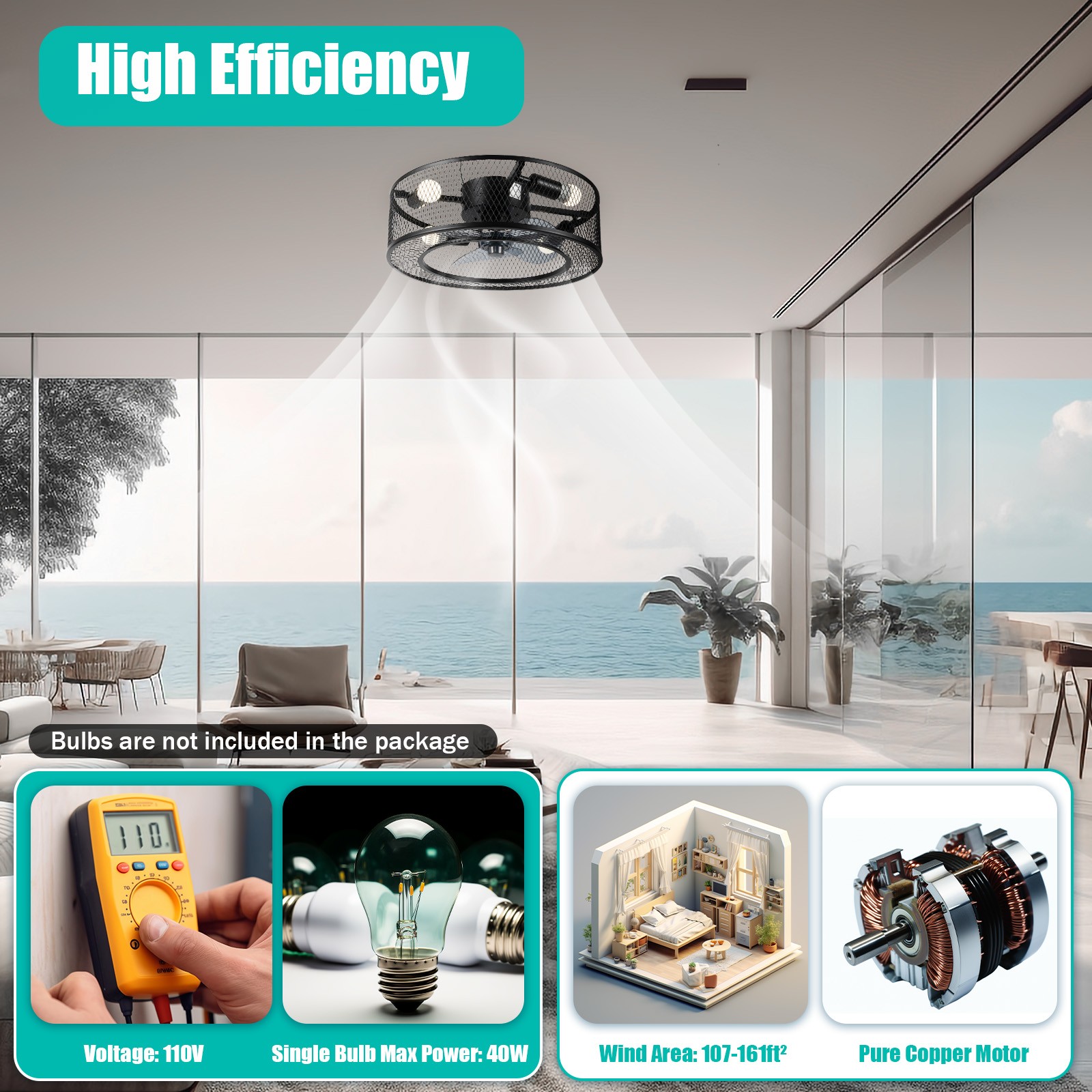 18 Caged Ceiling Fan with Light Black Iron Metal Round Lamp Chandelier 3 Speeds
