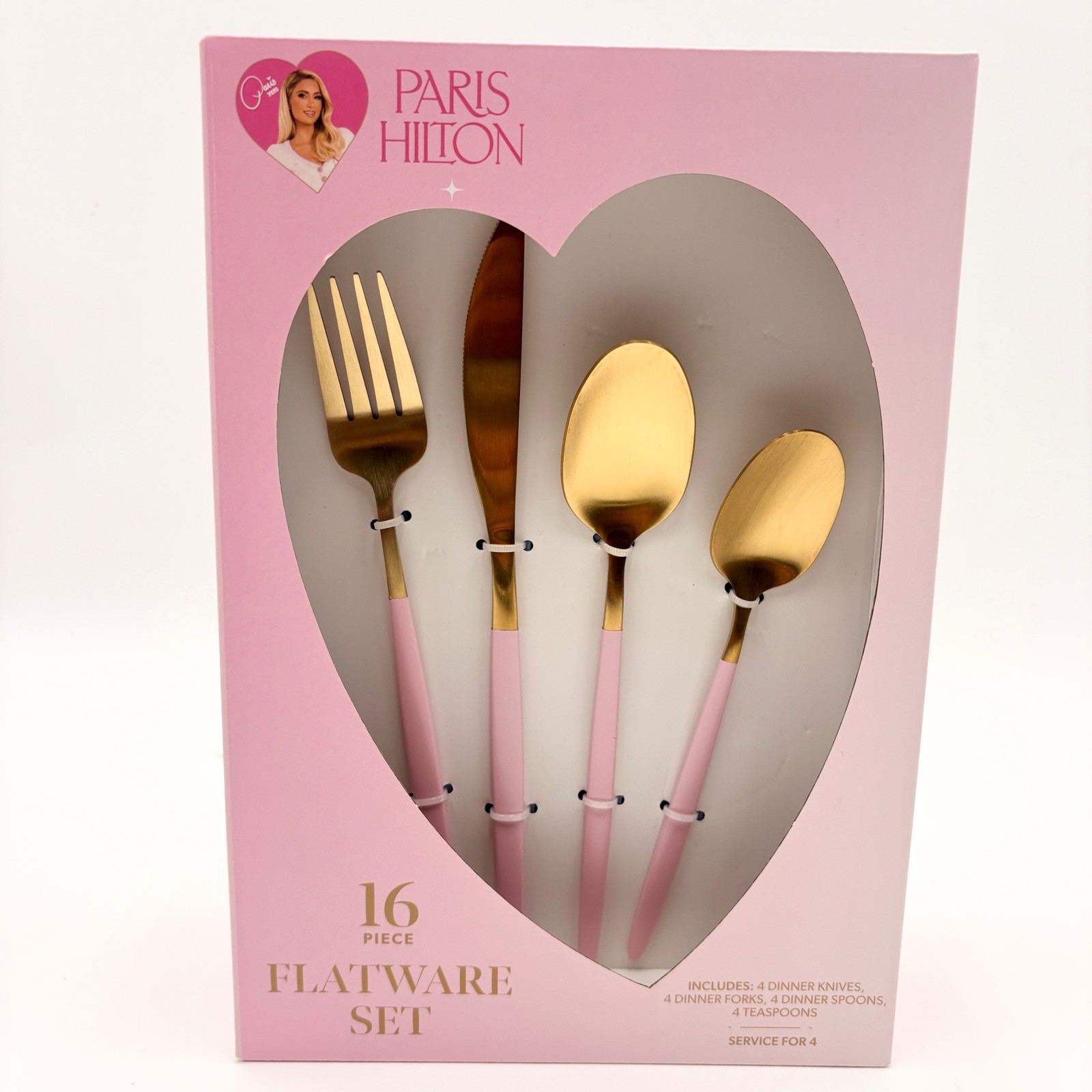 Paris Hilton 16 Piece Flatware Set Gold and Pink Service for 4 New in Box