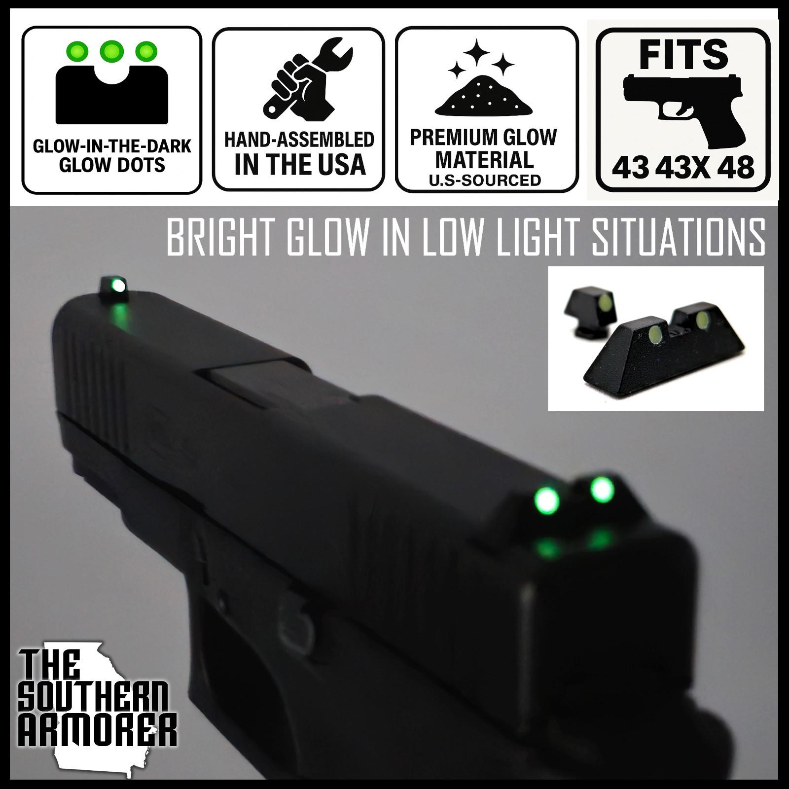Glock® 43 43X 48 Night Sights Glow-in-Dark Front Rear Set Fits Slimline Models