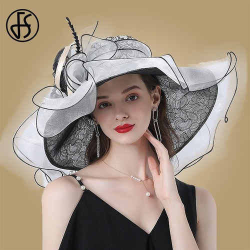 Wide Brim Big Hats Women Sun Hats White Fedora Organza Party Hat Wedding Church