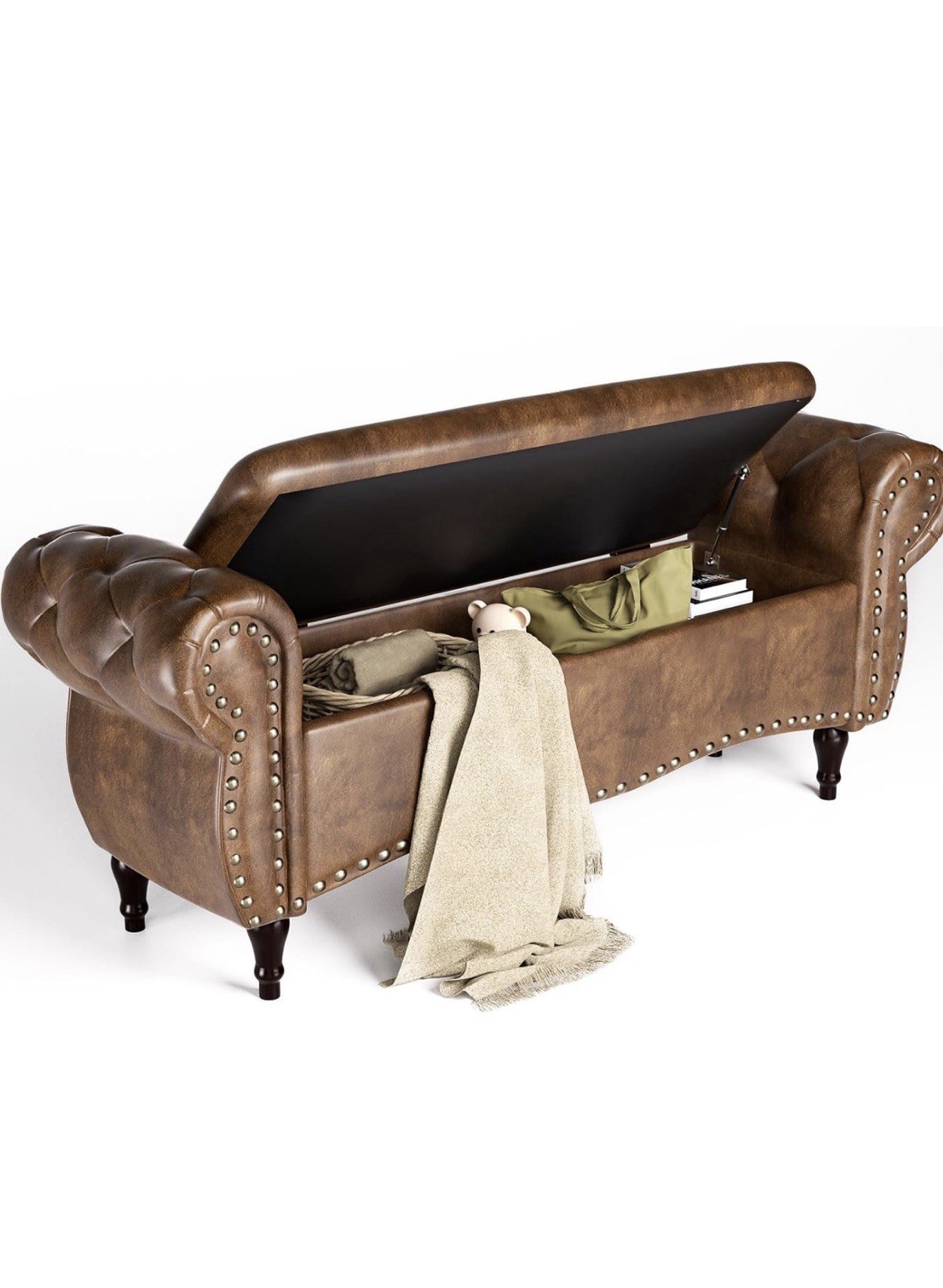 Brown Leather Storage Bench with Nailhead Trim, Roll Arms, Modern, 51.5" x 20.9"