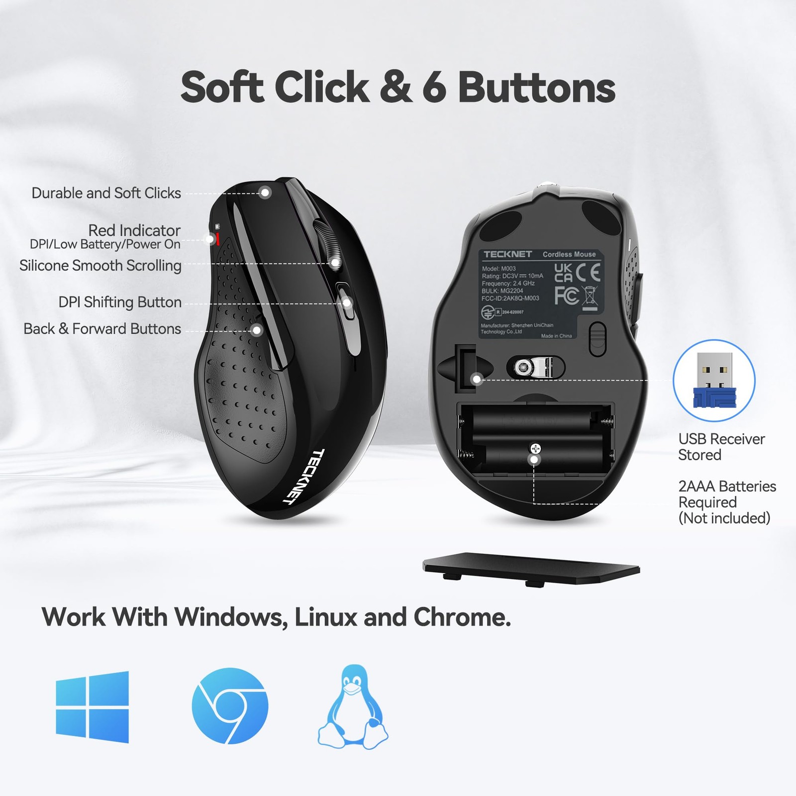 TECKNET Wireless Mouse 2.4G Ergonomic Optical Mouse Computer Mouse for Laptop