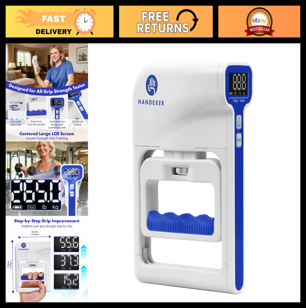 Digital Grip Strength Tester 265 lb Capacity, Accurate Hand Dynamometer, LCD Dis