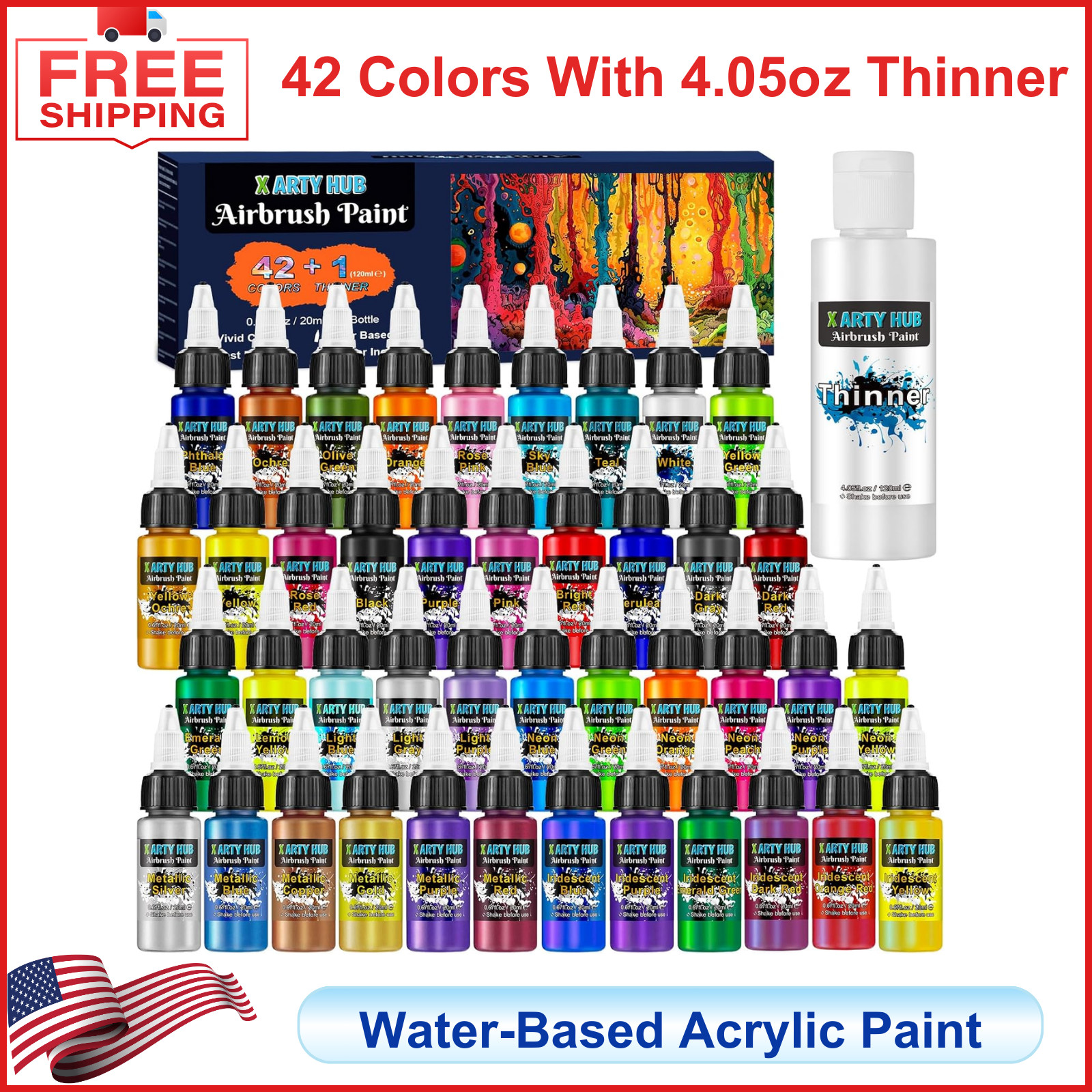 Airbrush Paint - 42 Colors with 4.05 Fl Oz Thinner, Iridescent, Neon & Metallic