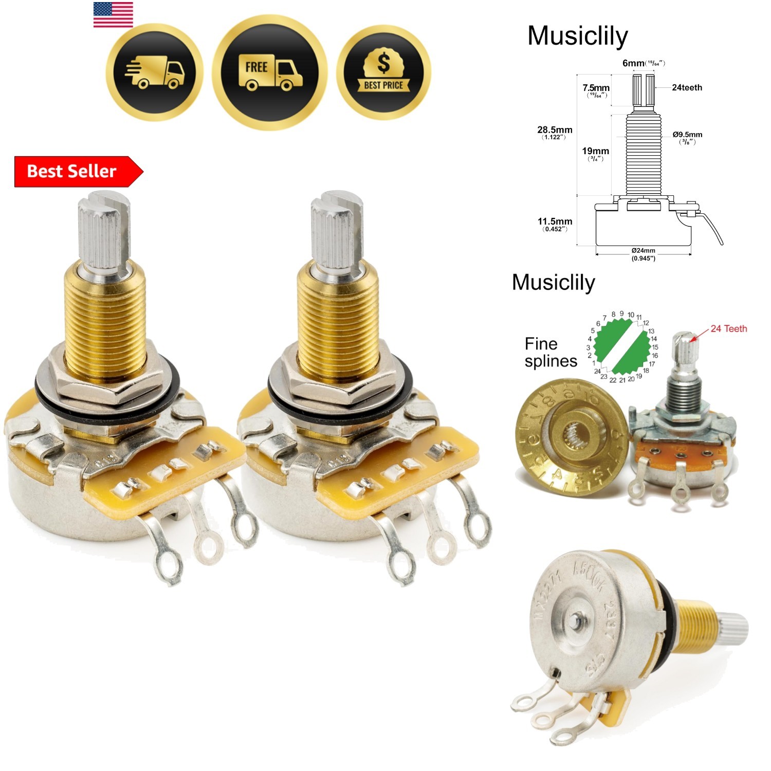 CTS 450 A500K Pots Long Split Shaft 3/4 Inch 10% Audio Taper Potentiometers f...