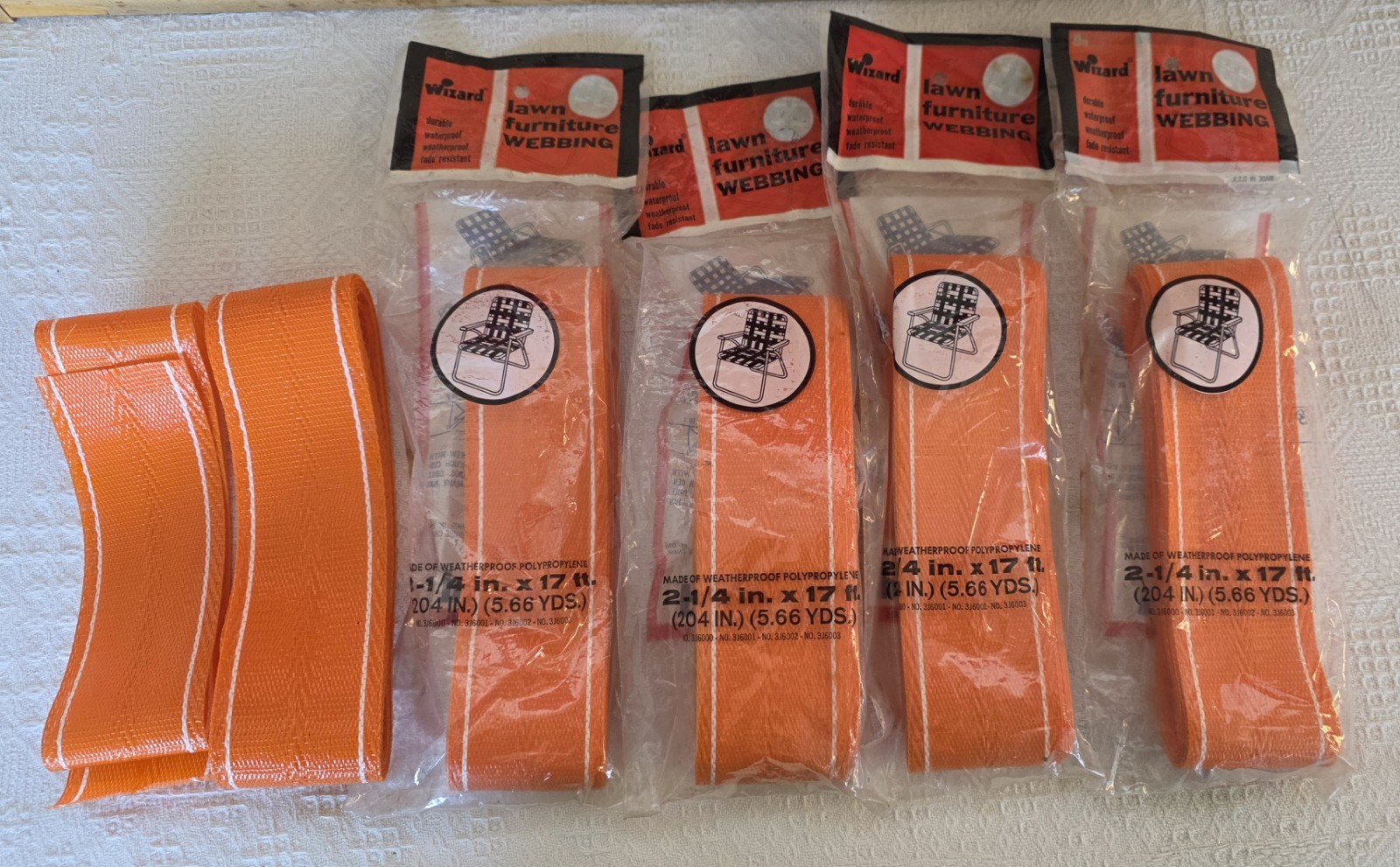 Wizard  Lawn Chair Webbing ~ 85 ft x 2.25” Orig Pkg Orange White Stripe New