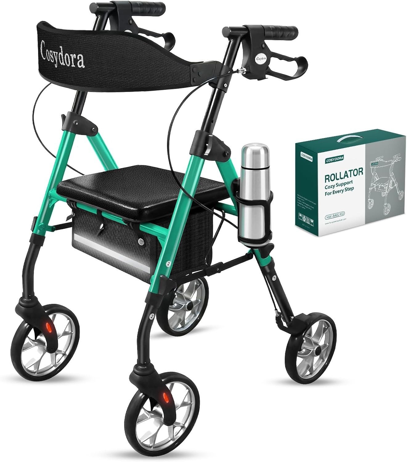 Cosydora HW-R402KD Rollator Walker with Seat, 15 lb Lightweight 8" Wheels, Green