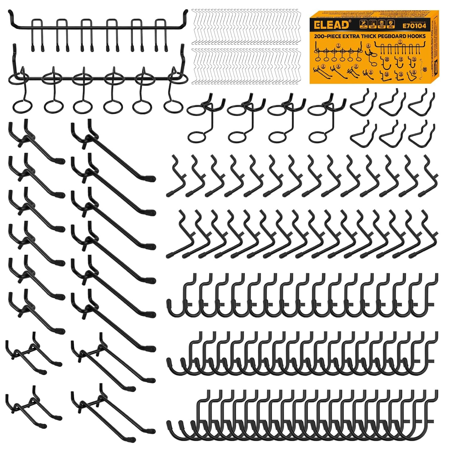 200-Piece Extra Thick Pegboard Hooks Set, 1/4" Heavy Duty Black Peg Board
