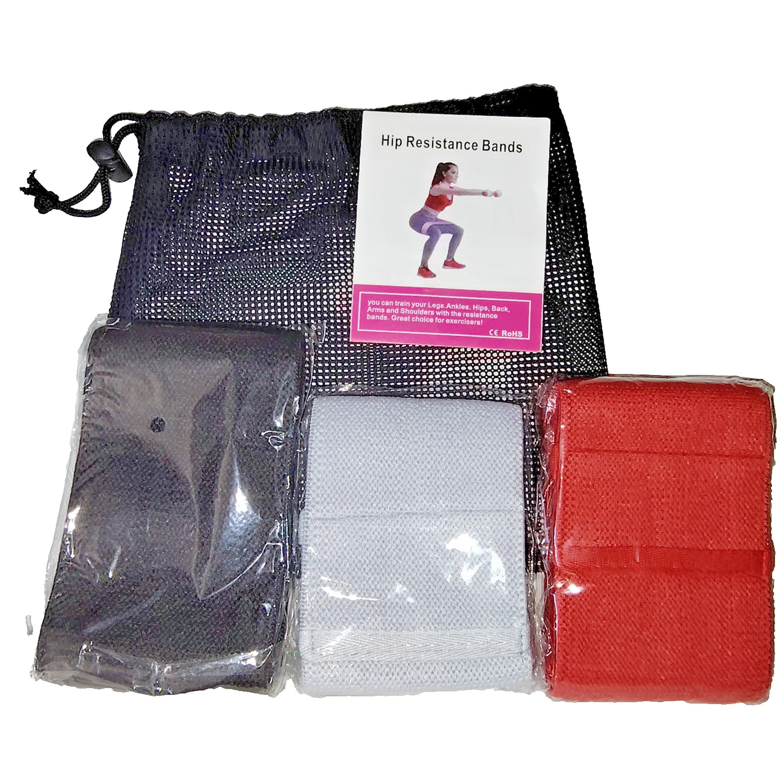 Hip Resistance Bands – Fabric Workout Bands with Carry Bag & Guide Set of 3