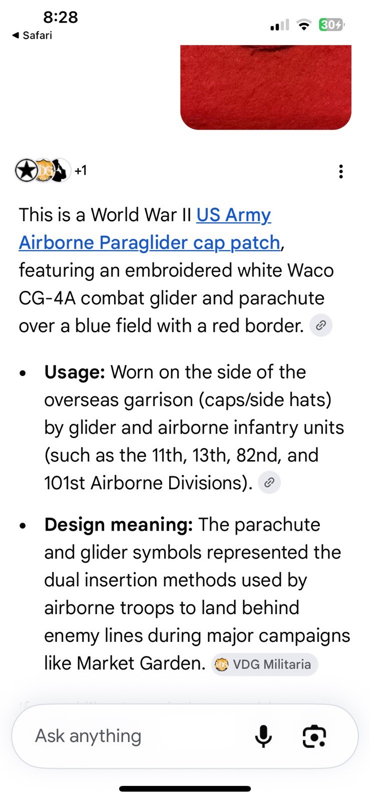 WWII U. S. ARMY PARAGLIDER CAP Patch (w/ CG-4A Combat Glider) • VG-EX