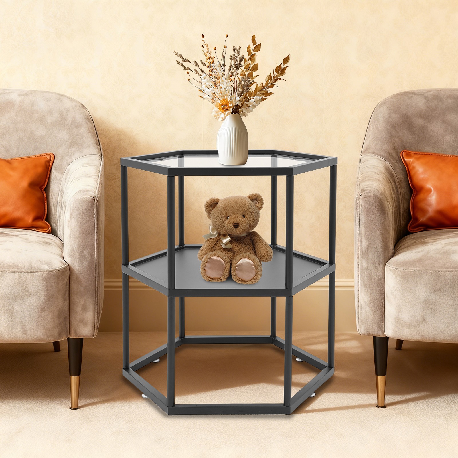 Modern Side Table, Hexagonal Side Table, Iron Side Table with 2-Tier Storage She