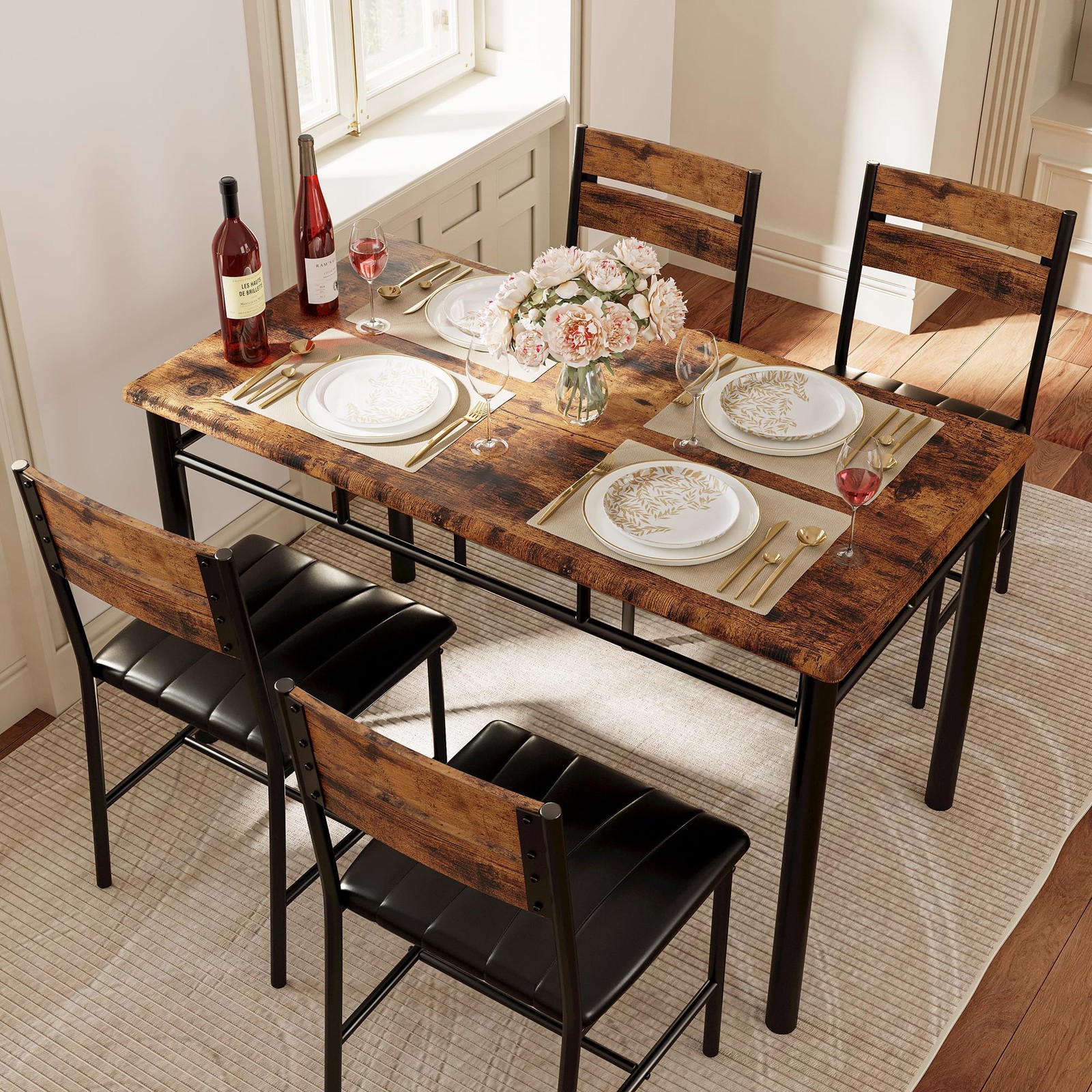 IRONCK Dining Table Set for 4, Wood Kitchen Table with Upholstered Chairs for Ki