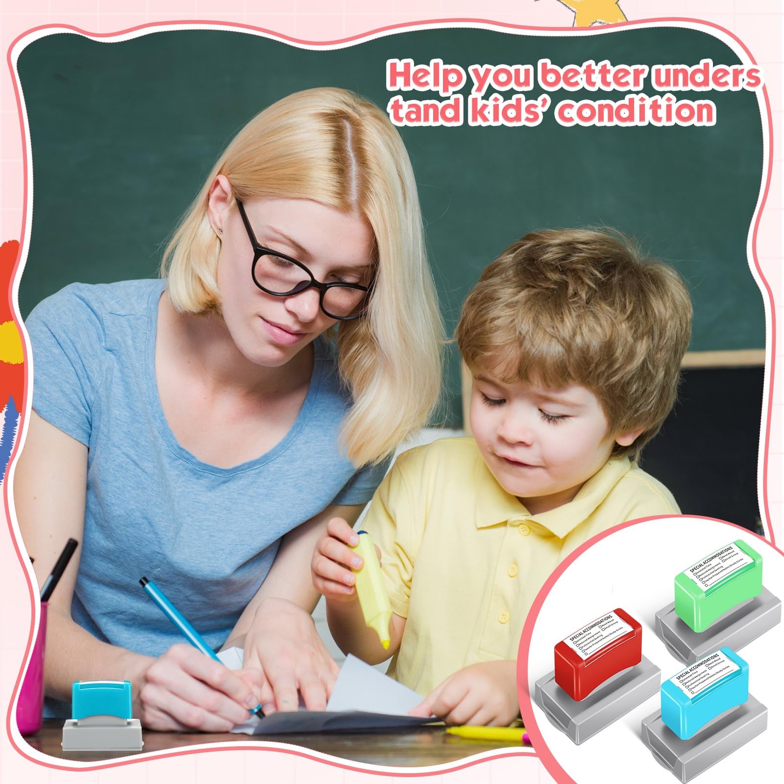 Teacher Stamp Set 3 PCS Self Inking Special Accommodations SPED Rubber Red Blue