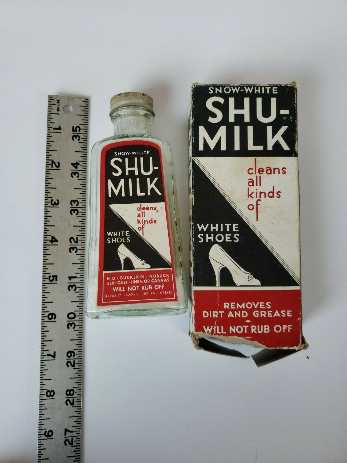 Vintage Snow White Shu-Milk Bottle and Box Shoe Cleaner New Jersey Glass Bottle