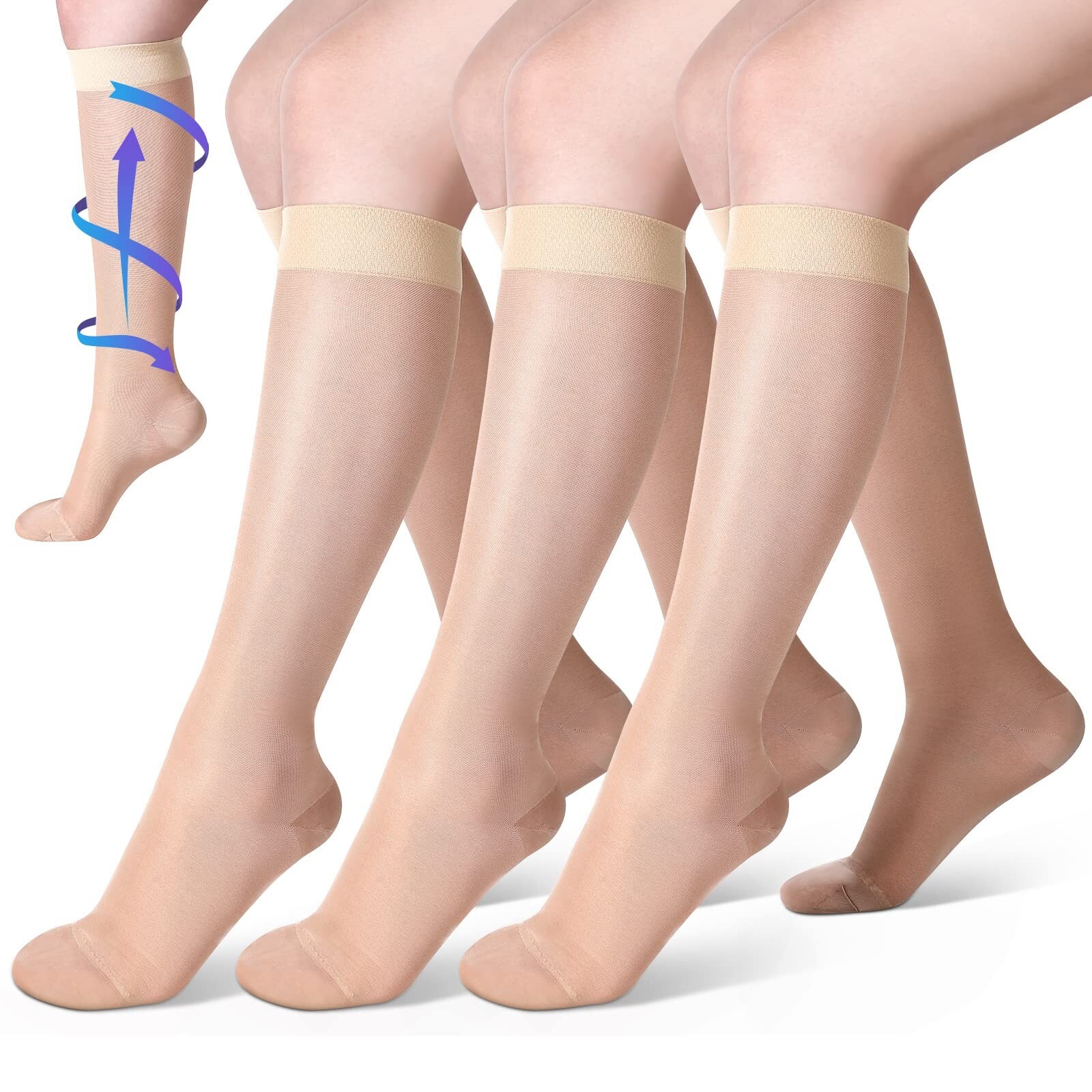 Shellwei 3 Pairs Sheer Compression Socks 20-30 Mmhg Sheer Compression Stockin...