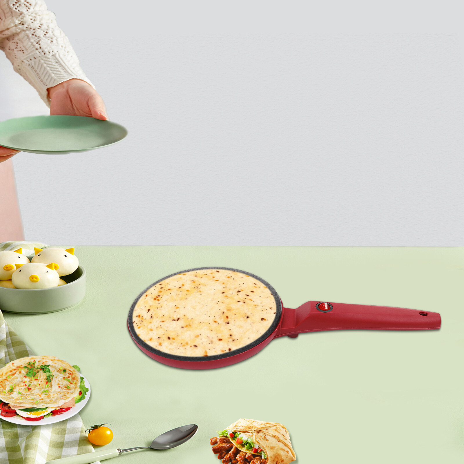 550W Electric Crepe Maker Baking Pancake Pan Frying Non-Stick Griddle Machine