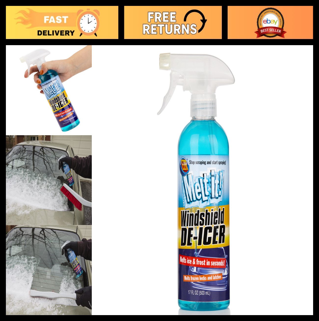 Instant Ice Melter & Frost Remover Spray - 17 Fl Oz for Windshields, Windows, Mi