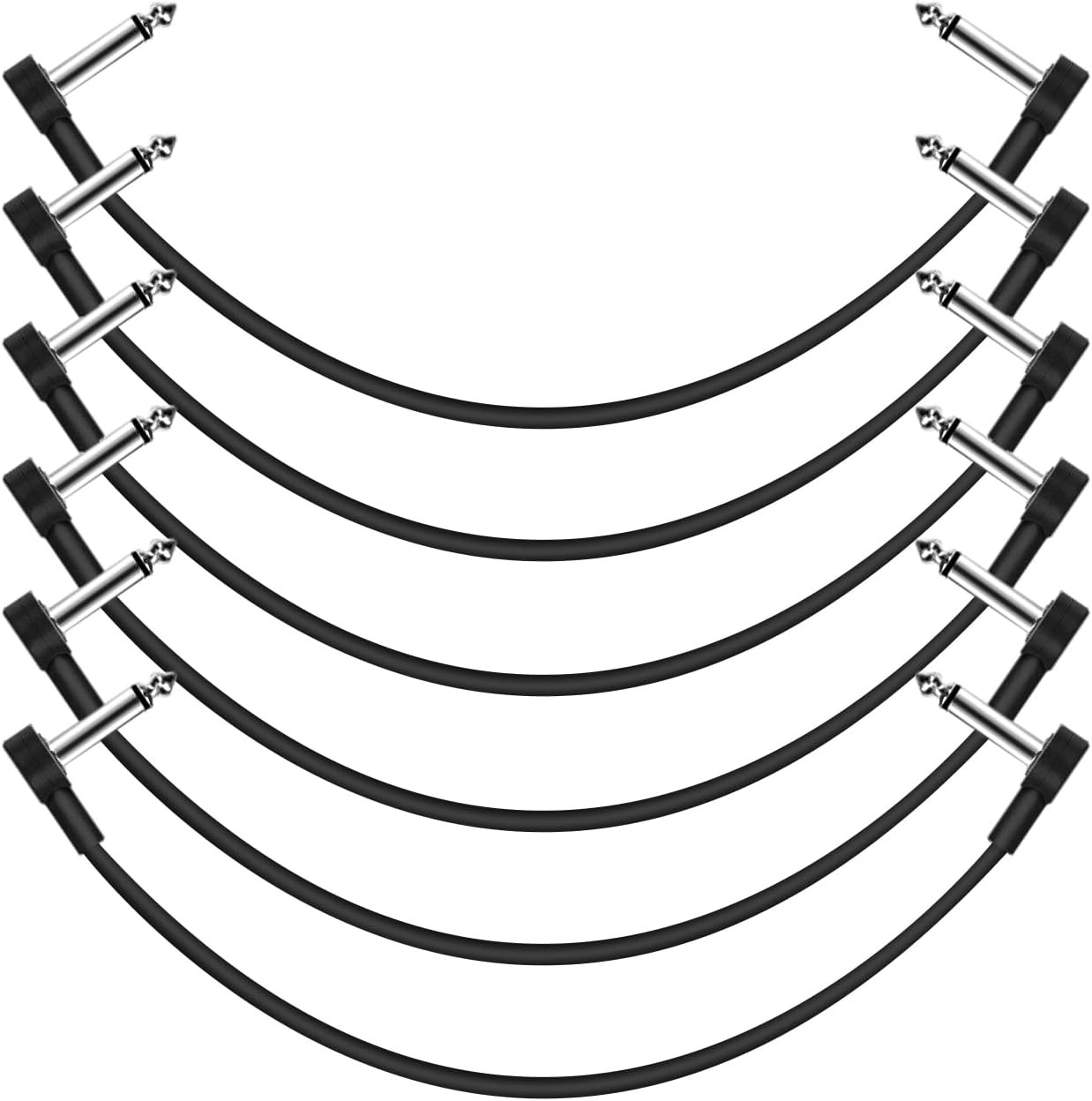 6-Pack 12 inch Flat Guitar Patch Cables Pedal Cable | Low Profile 1/4" TS Right