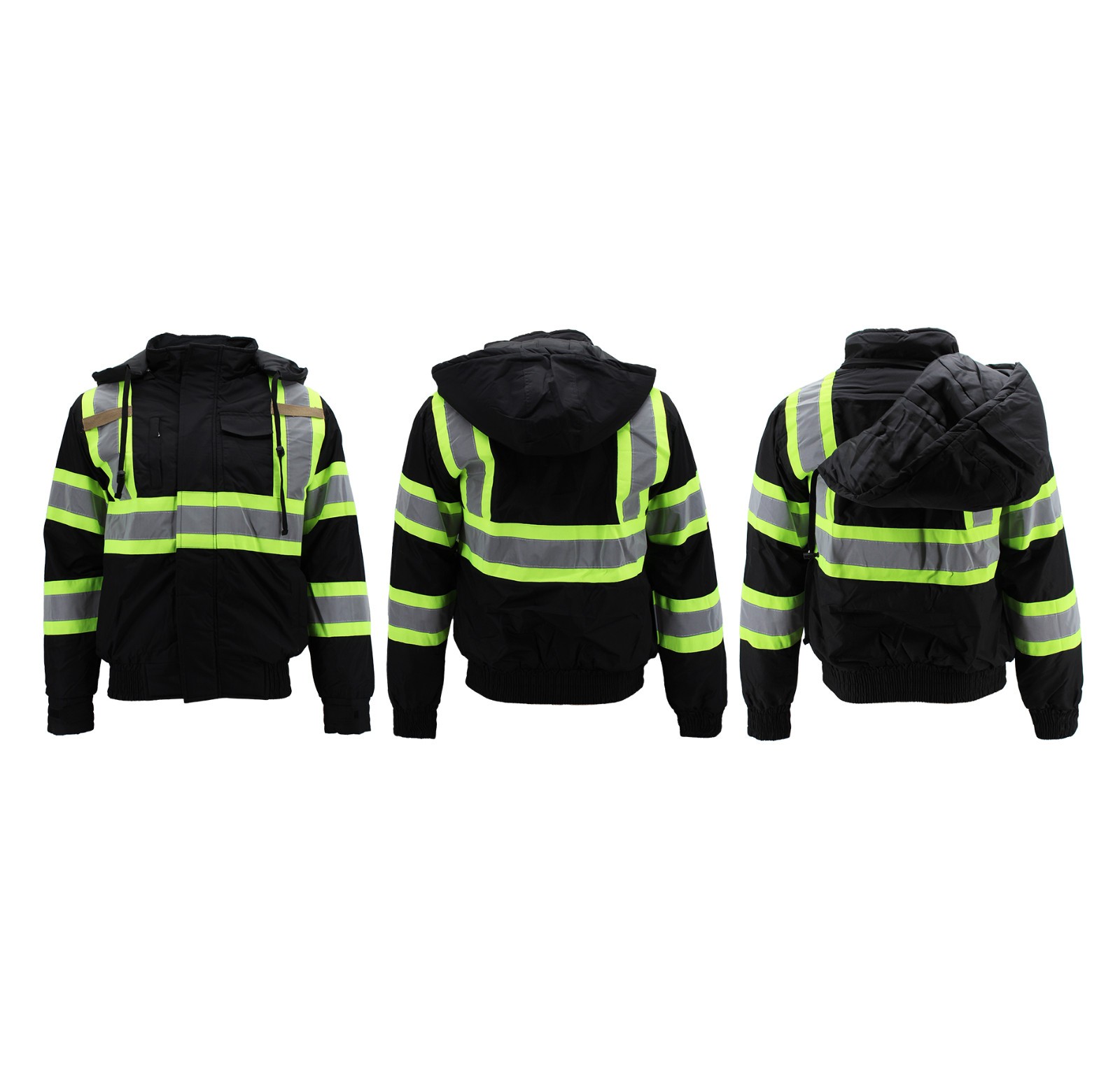 Men's Water Resistant Class 3 High Visibility Removable Hood Black Work Jacket