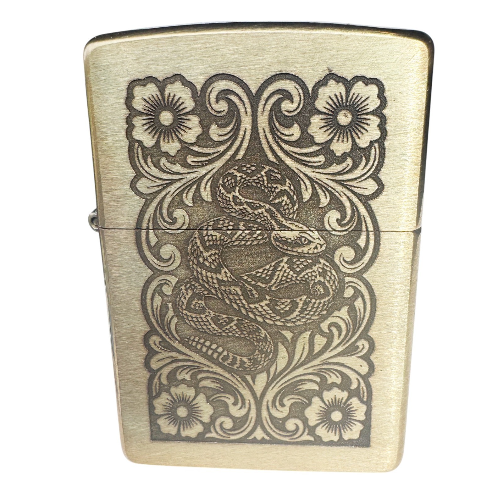Rattlesnake with Western Floral Scrolls Brass Zippo Lighter – Made in USA