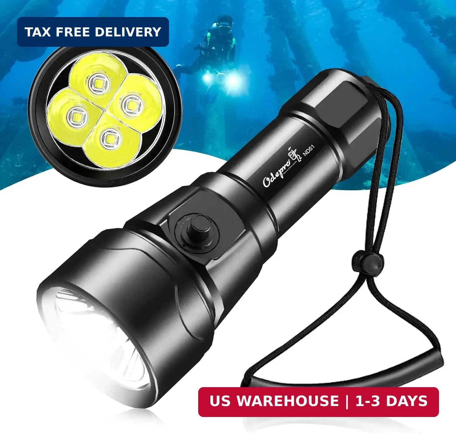 ND51 2500 Lumens Super Bright Dive Light with 4 Modes, Scuba Diving Torch with B