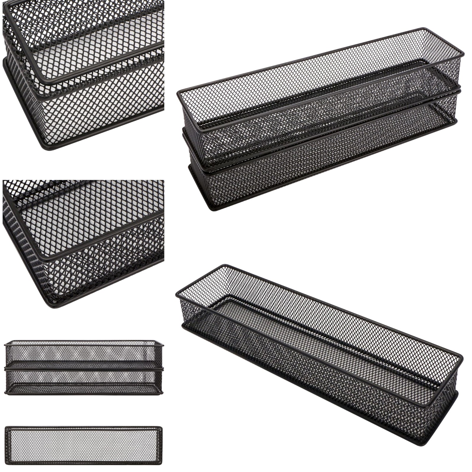 2 Pack 3x12x2 inch Mesh Stackable Drawer Cabinet Shelf Organizer Bins Black