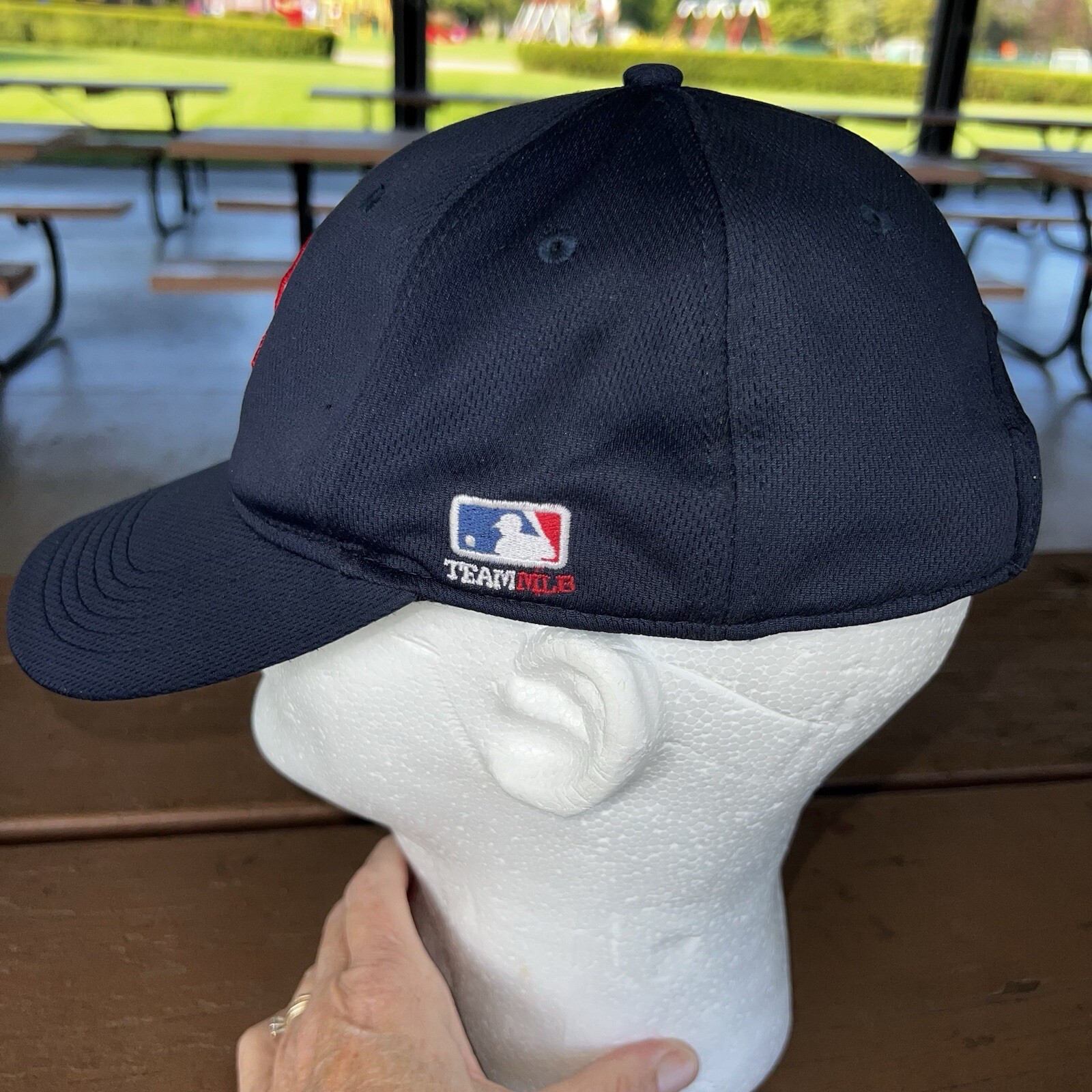 Boston Red B w White Outline on Navy Hat Cap Hook Loop Team MLB OC Sports