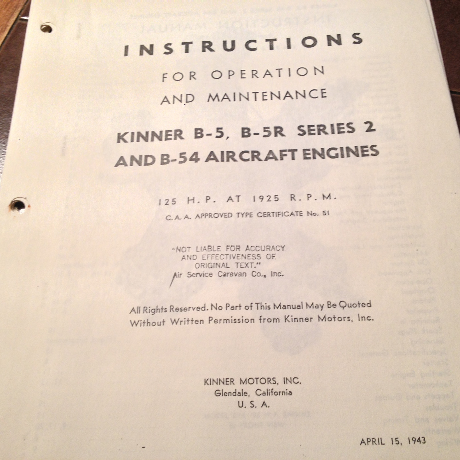 Kinner B-5, B-5R Series 2 & B-54 Operation & Maintenance Manual