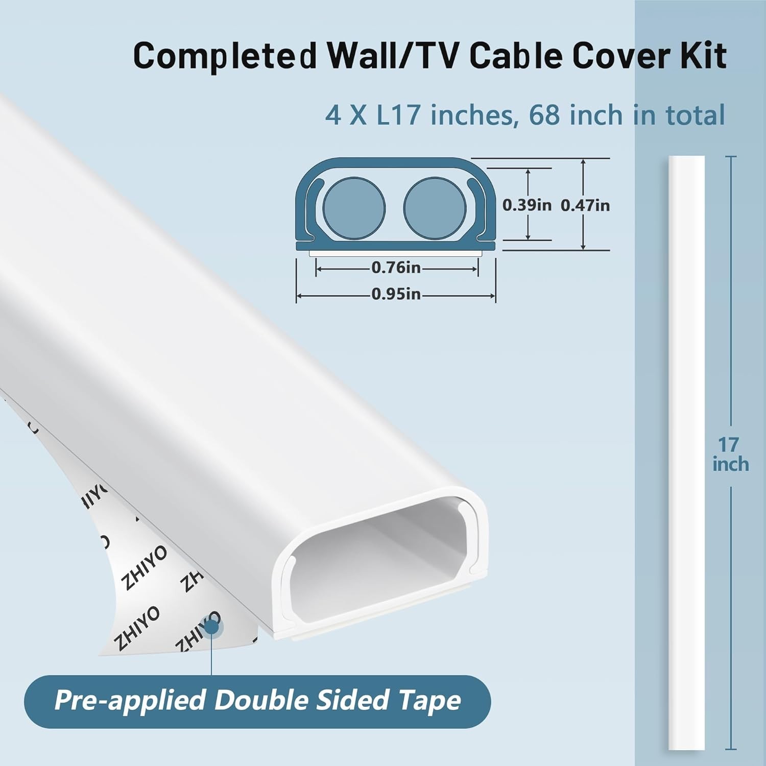 Self-Adhesive Cable Concealer for Walls - 68” Wire Cover Kit
