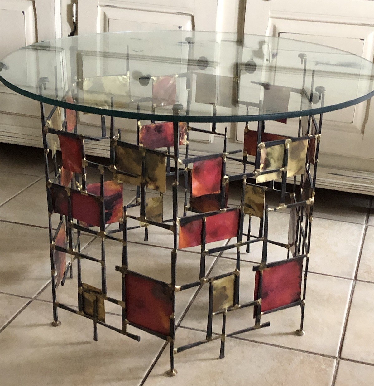 Rare Brutalist Table Vintage Silas Seandel Style MCM  Nails Sculpture Glass Top