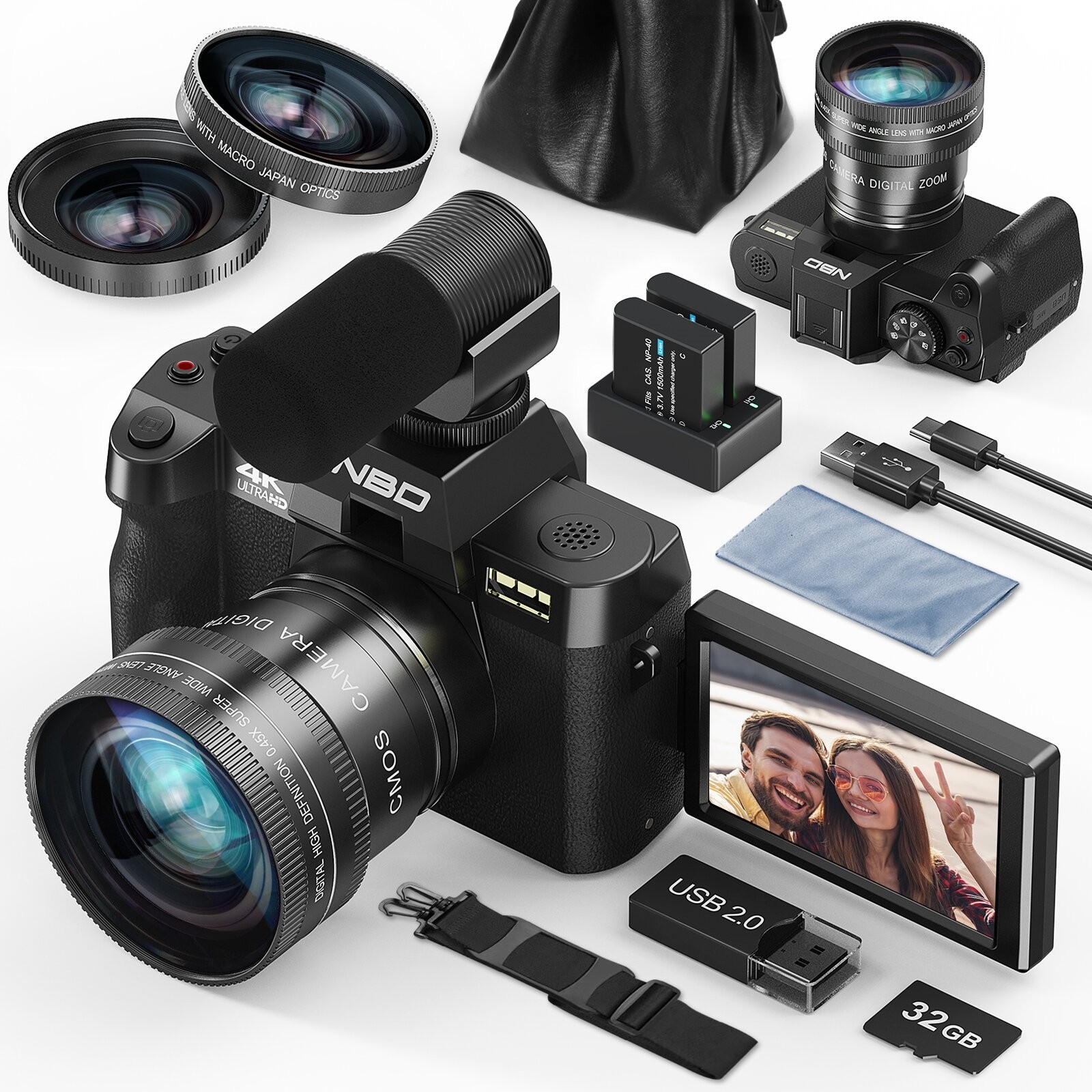 4K Digital Camera 48MP 16X WiFi Anti-Shake 32GB TF 2 Batteries 52mm Macro Lens