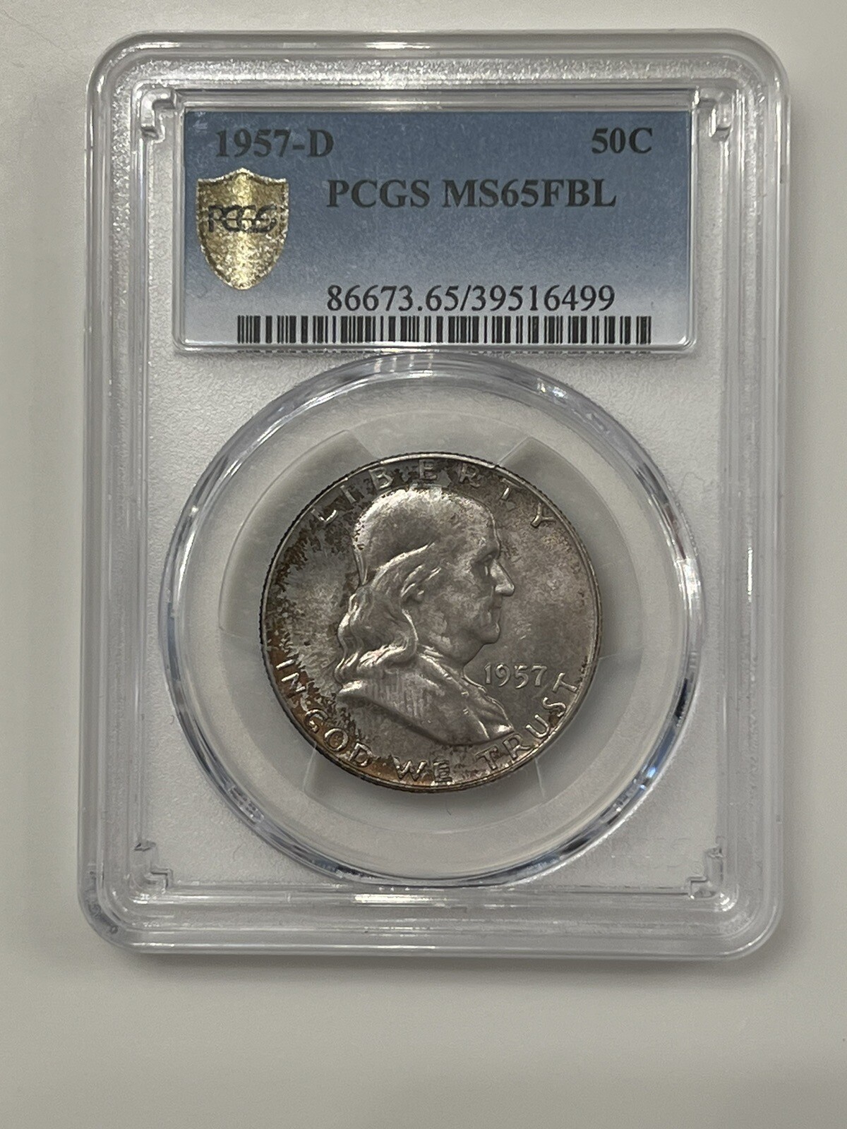 1957 D 50C PCGS MS 65 FBL Franklin Half Dollar Great Toning 90% US Silver