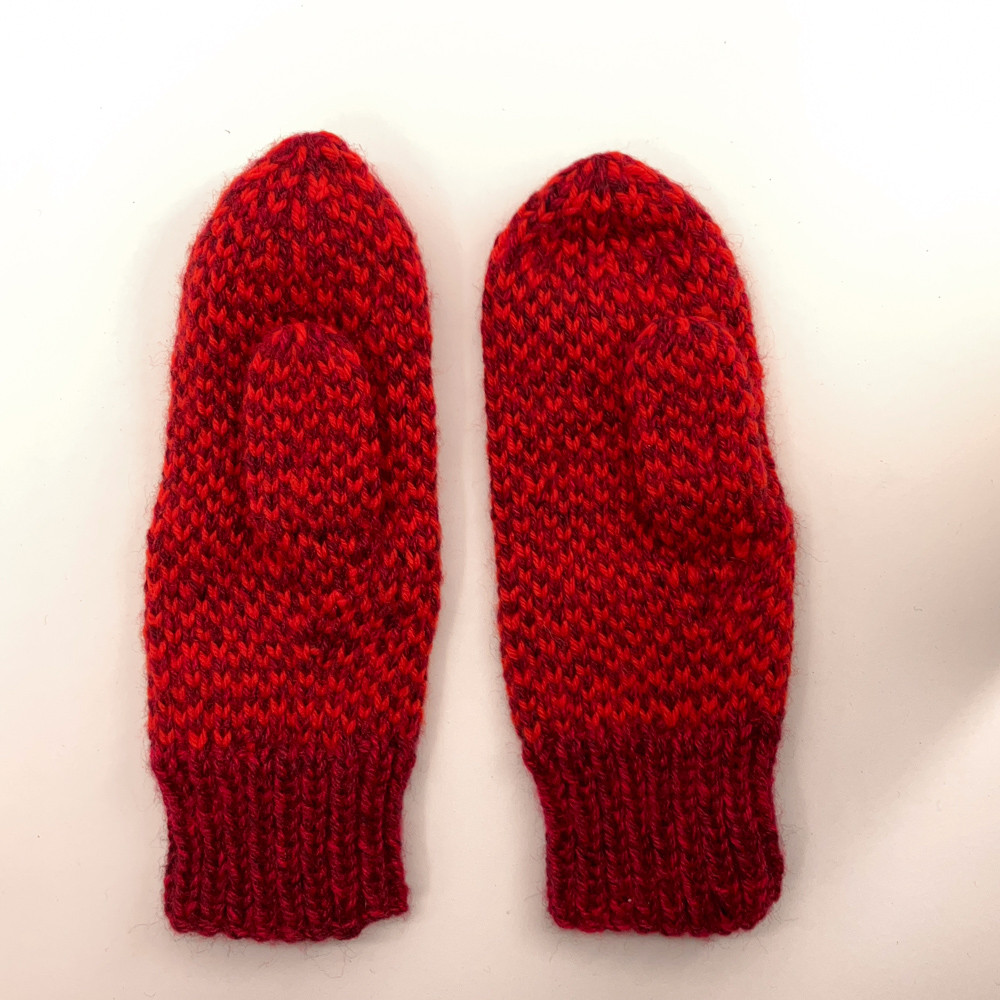 Red pattern home knit winter mittens fisherman style