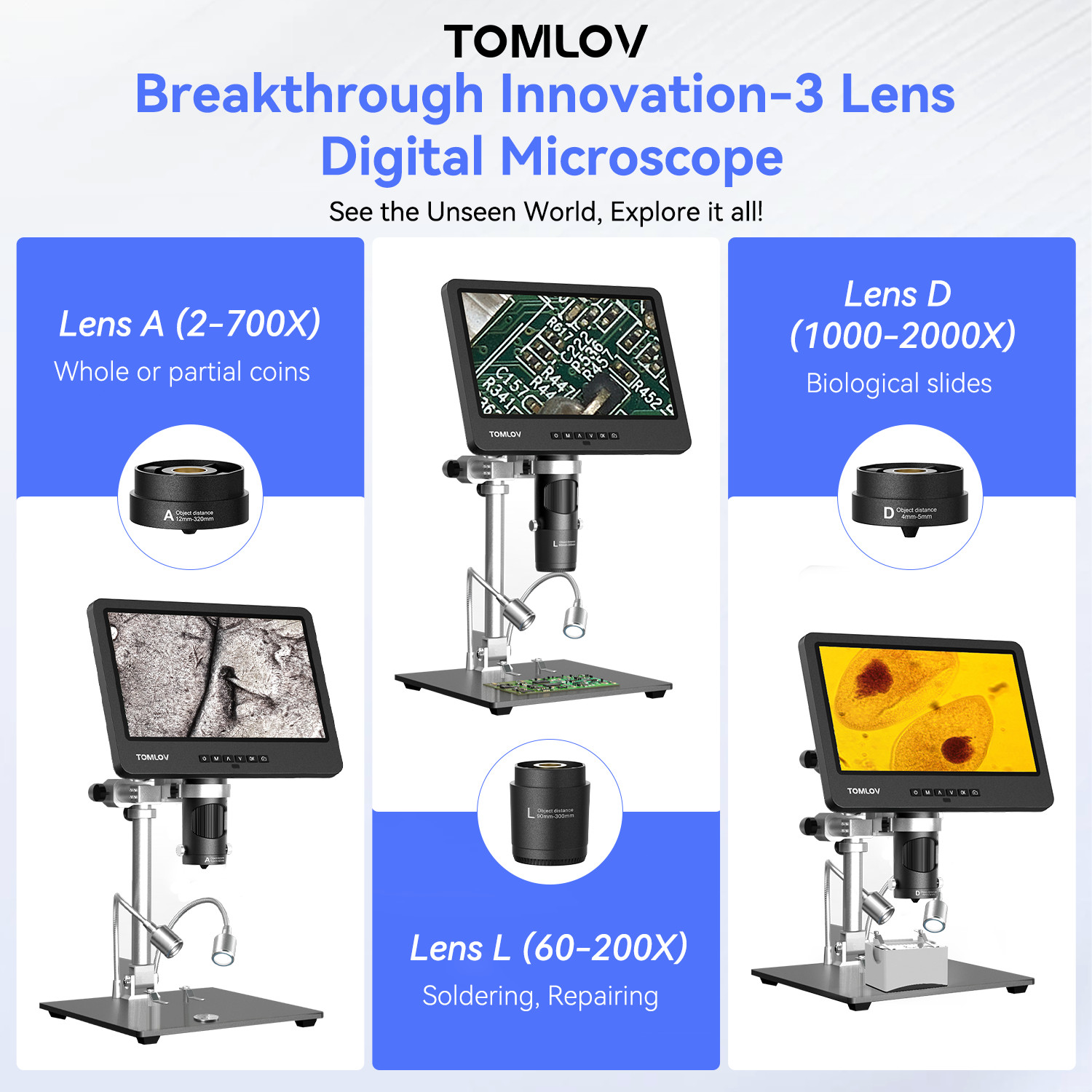 TOMLOV 10" Digital Microscope 2000x Soldering Microscop Flexibable Arm Stand