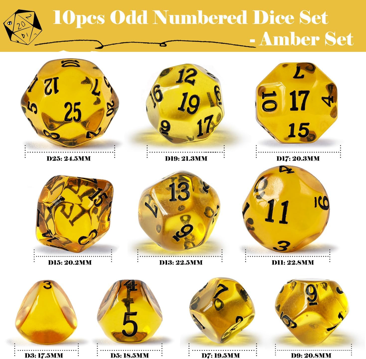 10 Pieces Odd Numbered Polyhedral Dice Set D3-D25, Odd Number Dice D3, D5, D7, D