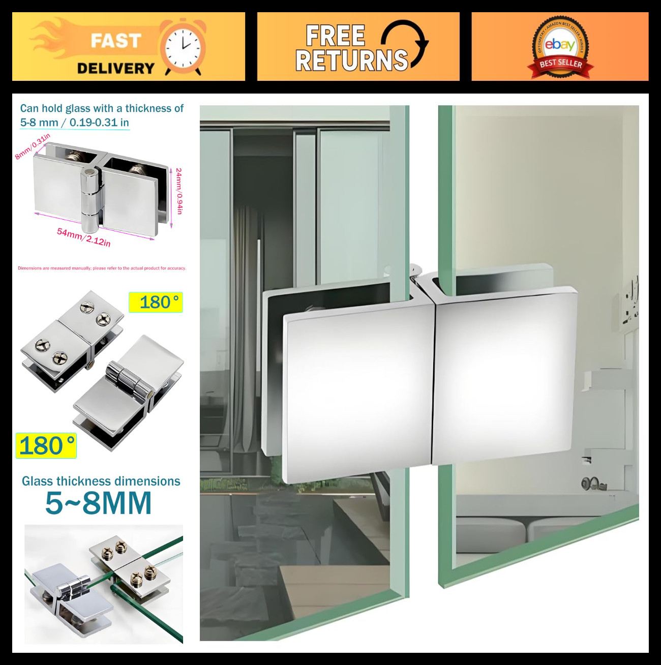 180° Glass Shower Door Hinges - 2 Pack, 5-8mm Thickness, Durable Clamp Design