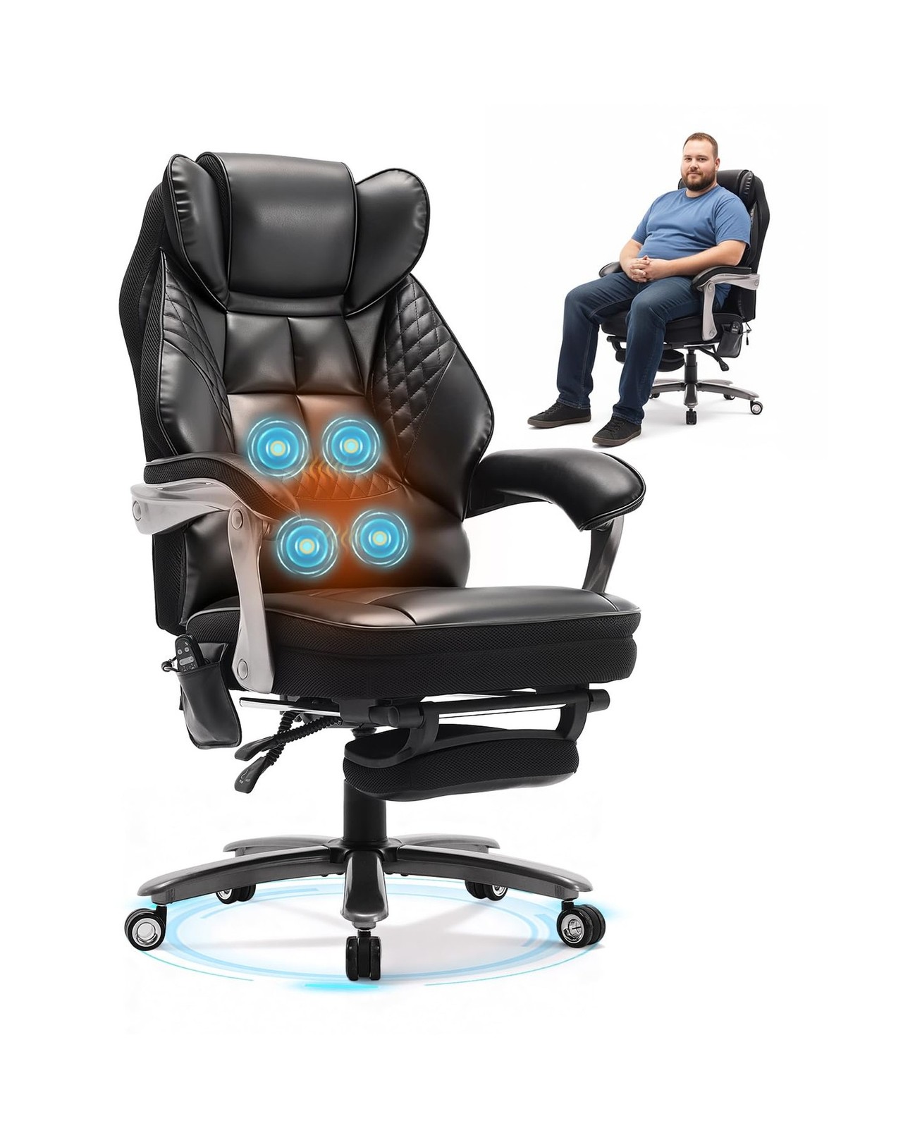 600LBS Big and Tall Office Chair with Massage and Heat, 23.5" Wide Leather Of...