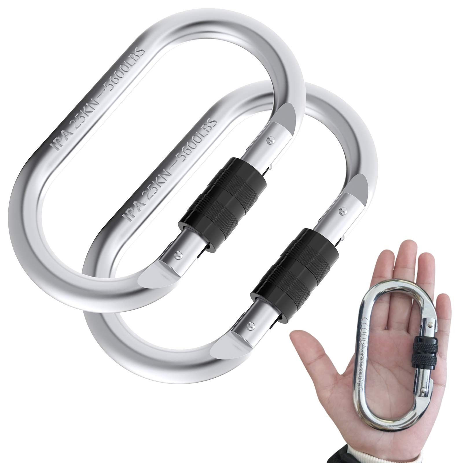 Climbing Carabiner Clips 25KN, Heavy Duty for Rigging, Ropes, Hammocks (2 Pack)