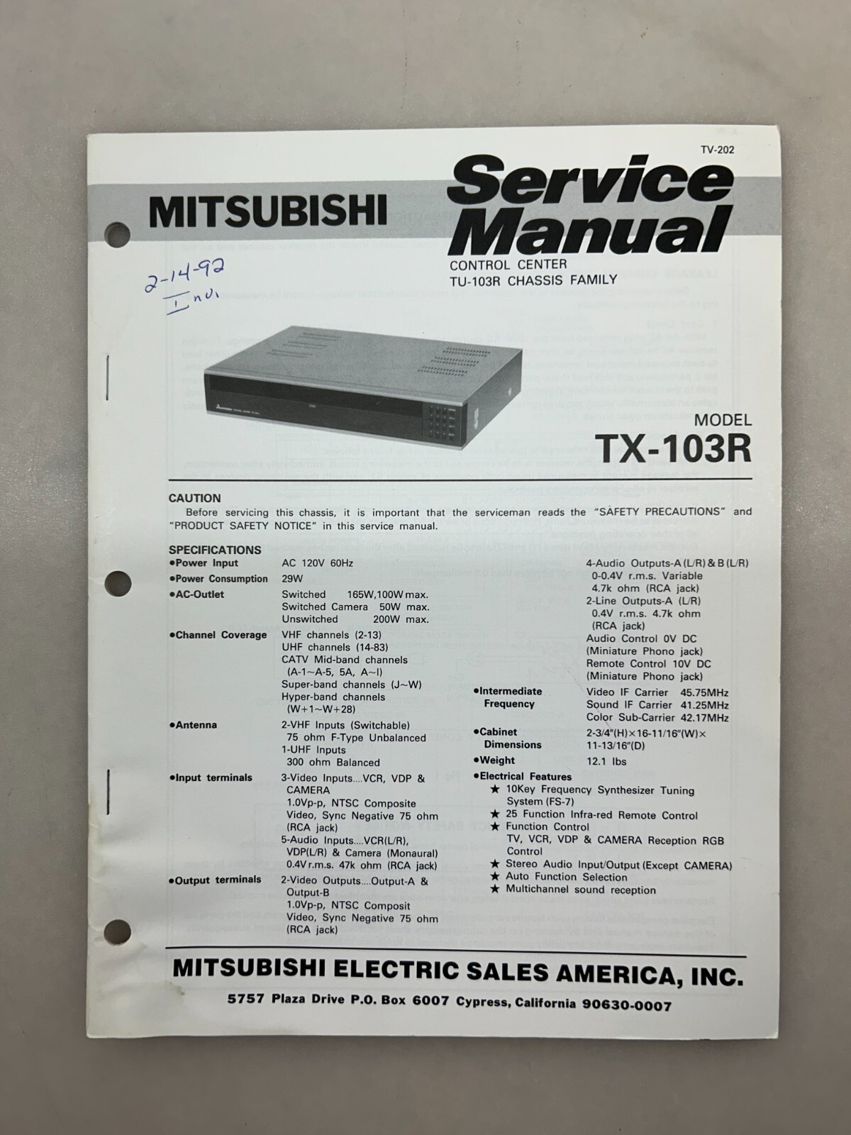 Mitsubishi TX-103R Original Service Manual Free Shipping