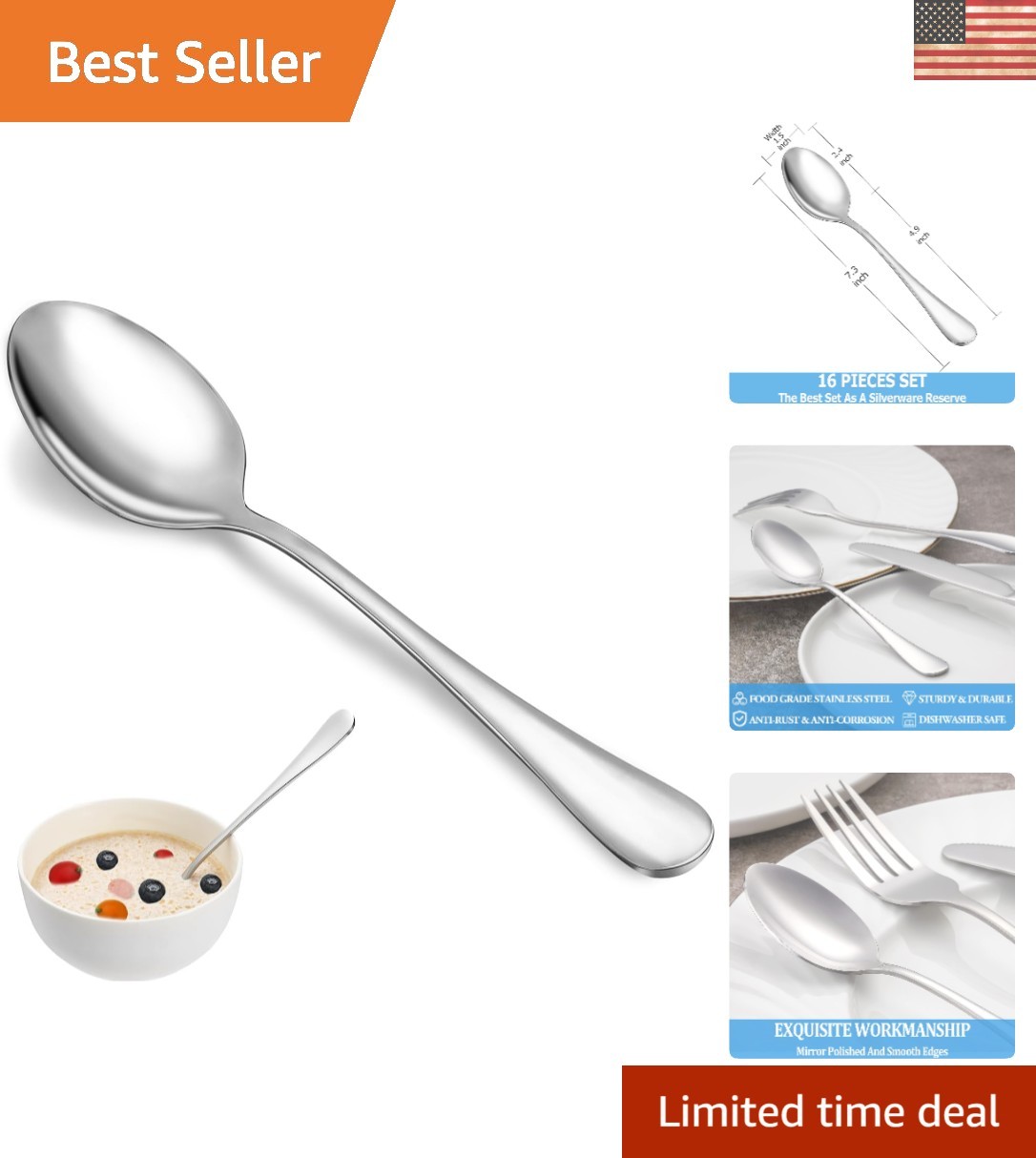 16-Piece Stainless Steel Dinner Spoon Set - Durable, Elegant & Dishwasher Safe