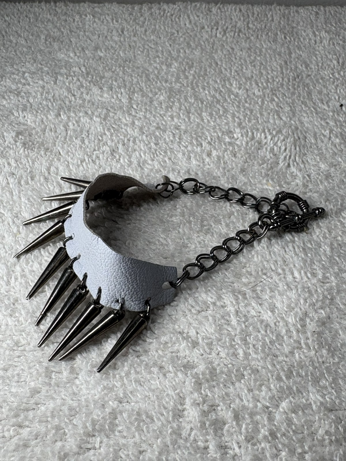 Unique Handcrafted Periwinkle Leather Bracelet with Spikes; Gun Metal