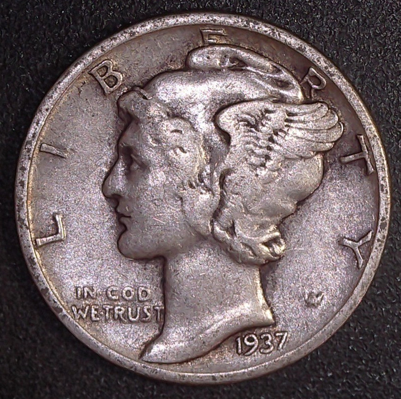 1937-P Mercury Winged Liberty .10c Dime 90% SILVER Philadelphia Mint