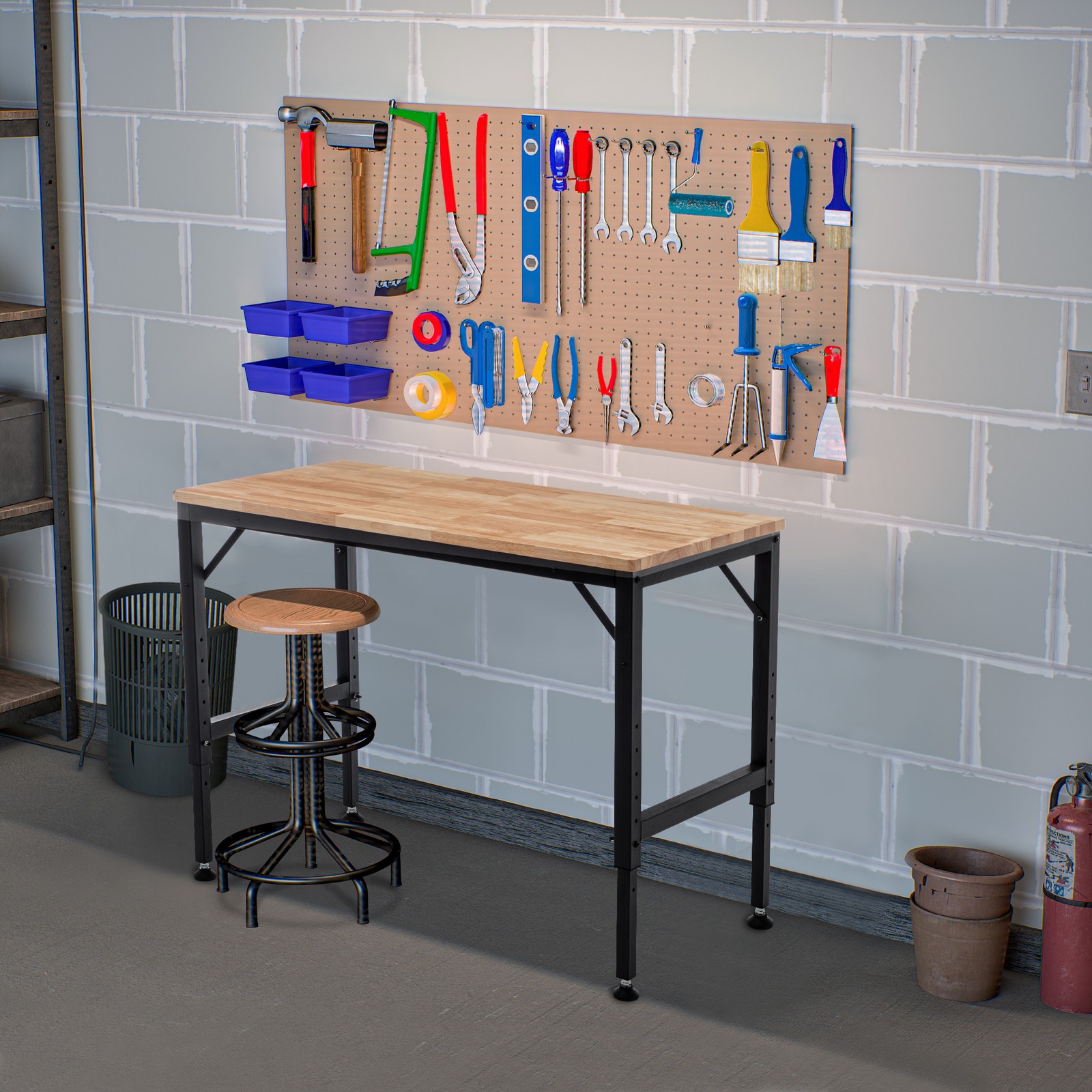 48" Adjustable Workbench Garage Shop Table Rubber Wood 2000 Lbs Capacity