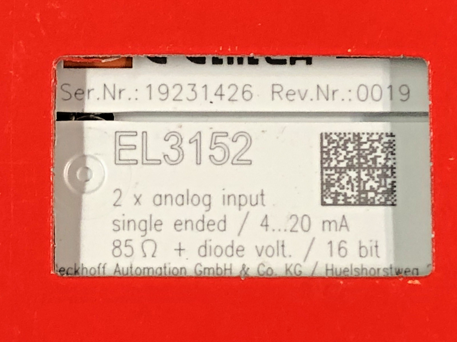 (1) Beckhoff EL3152 EtherCAT 2 Ch. Analog Input Module 4-20ma 16 Bit Single-End