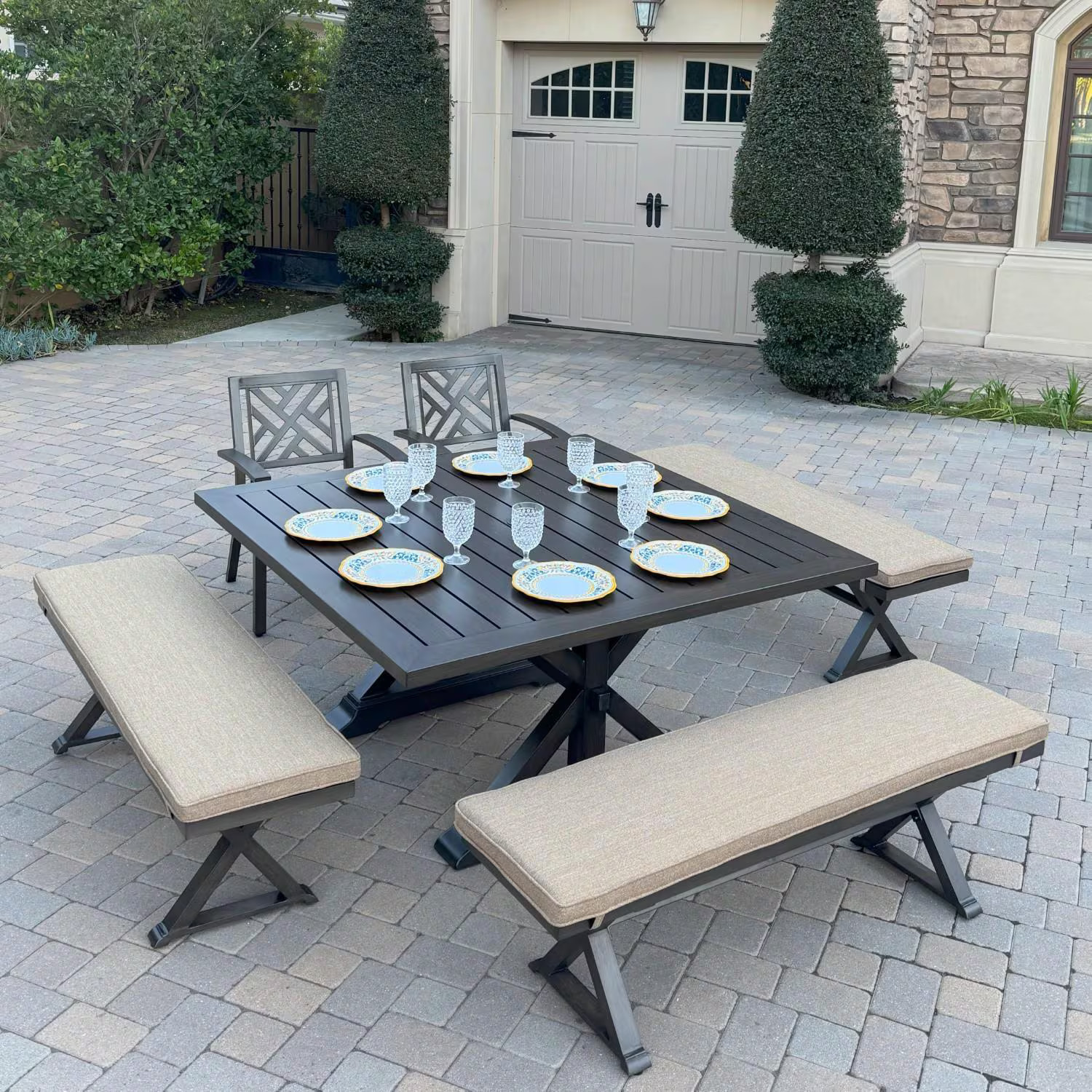 Brooklyn 6 Pc Aluminum Dining Set 59 Inch Square Table in Multi Brown by Darlee
