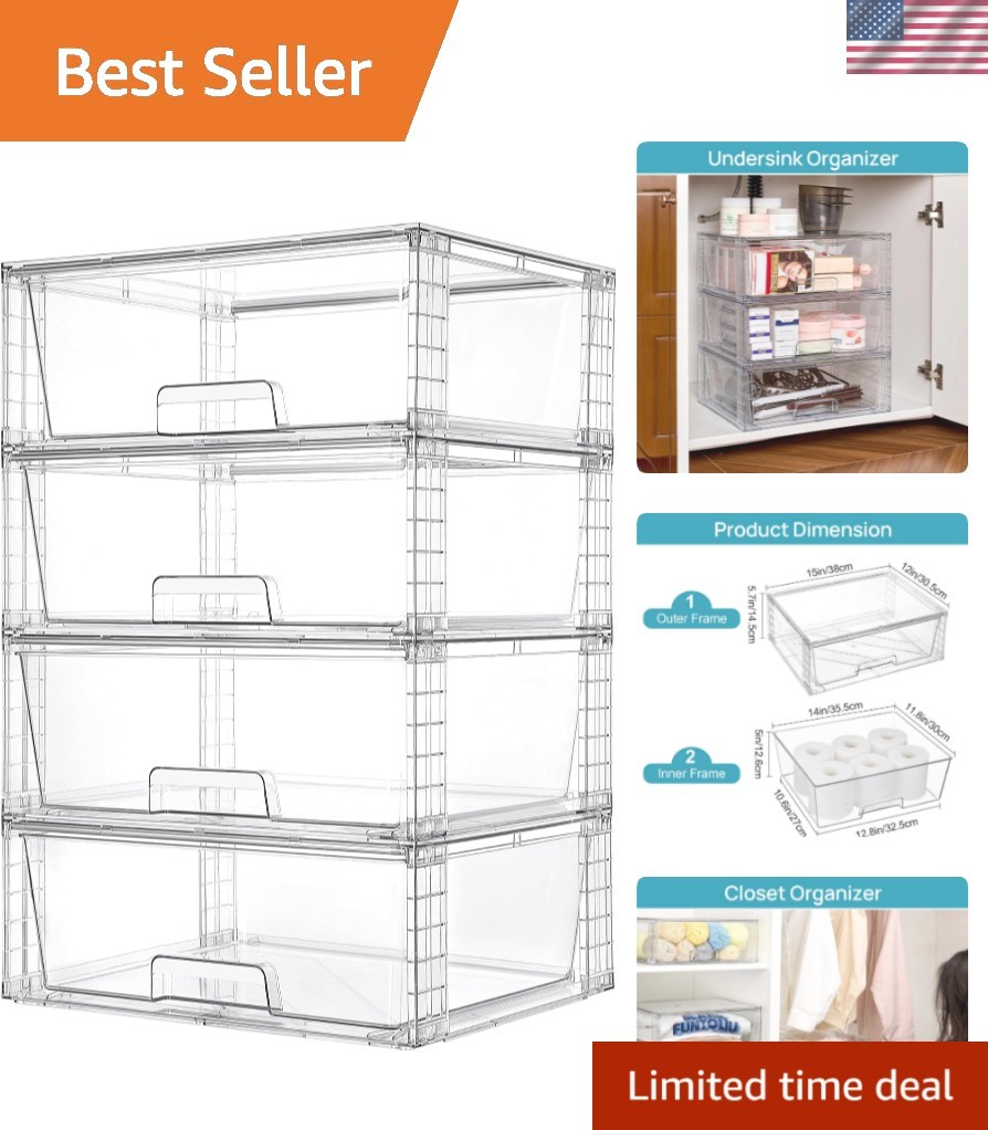 4 Pack Large Stackable Storage Drawers,Easily Assemble Clear Acrylic Bathroom...