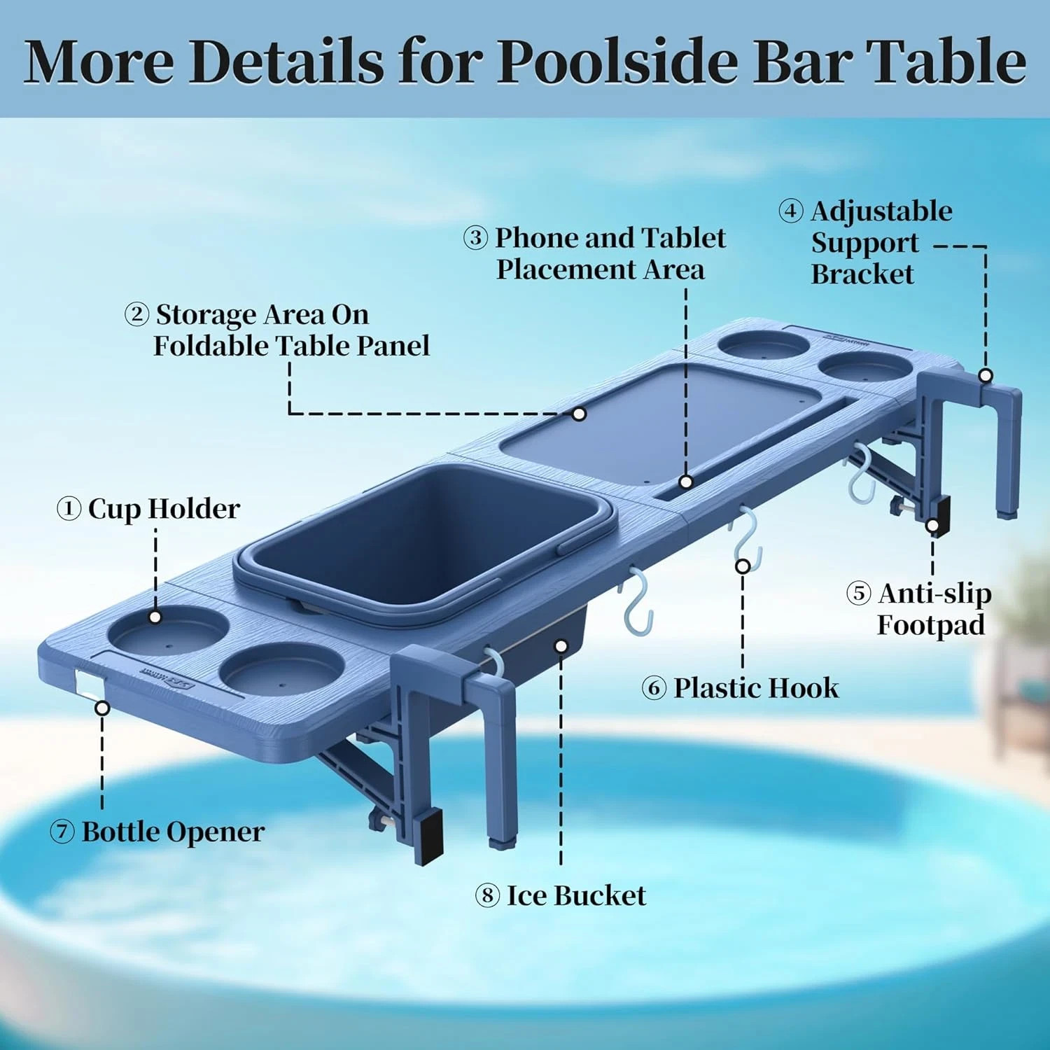 Poolside Bar with Ice Bucket, Poolside Bar Table with Adjustable Support Bracket