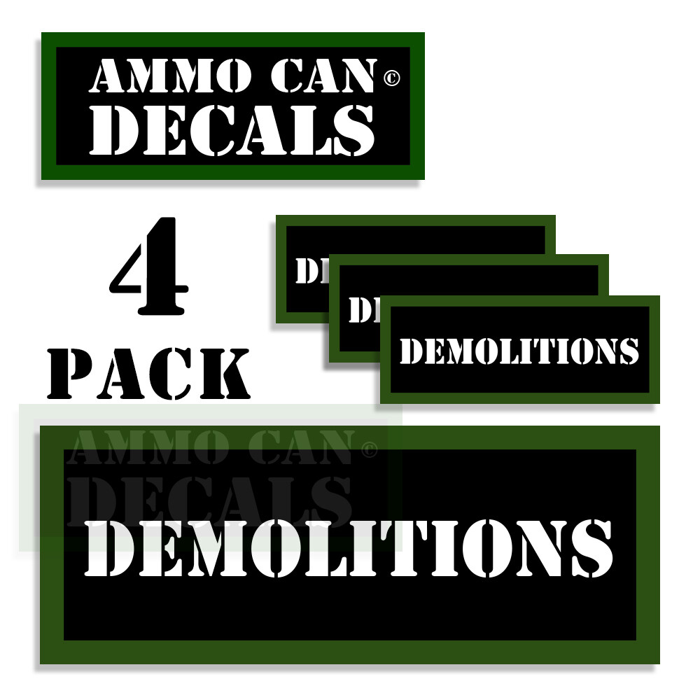DEMOLITIONS Ammo Can Decals Ammunition Ammo Can Labels 3"x1.15" Vinyl 4-pack