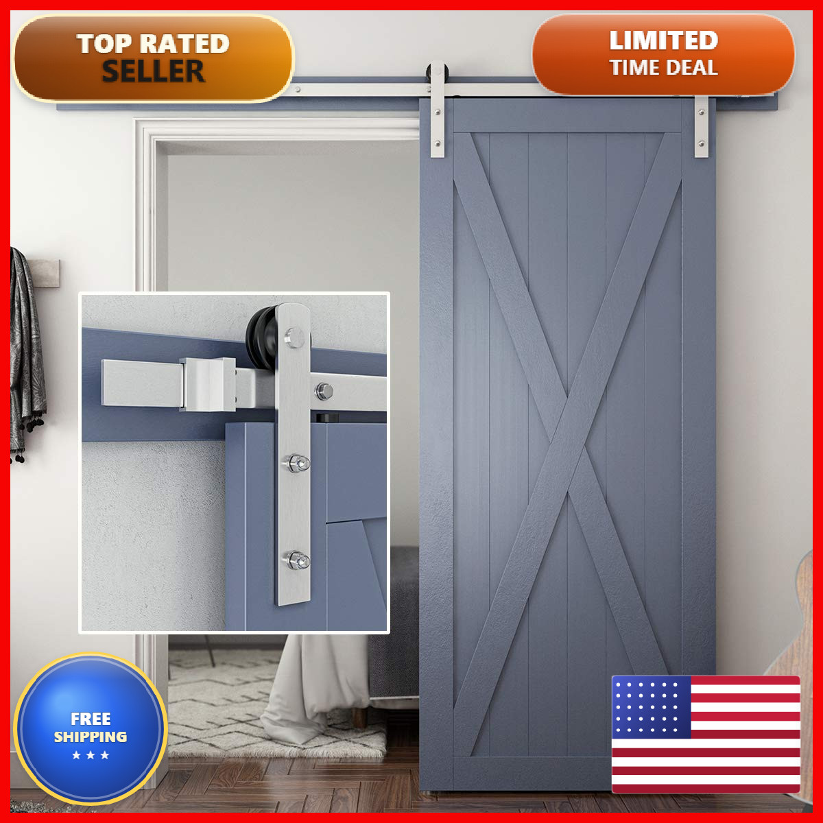 Smartstandard 6.6 Feet Brushed Nickel Sliding Barn Hardware Kit-Sturdy Silvery